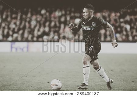 VALENCIA, SPAIN - MARCH 7: Cristian Ramirez during UEFA Europa League match between Valencia CF and FC Krasnodar at Mestalla Stadium on March 7, 2019 in Valencia, Spain