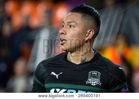 VALENCIA, SPAIN - MARCH 7: Cristian Ramirez during UEFA Europa League match between Valencia CF and FC Krasnodar at Mestalla Stadium on March 7, 2019 in Valencia, Spain