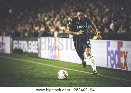 VALENCIA, SPAIN - MARCH 7: Cristian Ramirez during UEFA Europa League match between Valencia CF and FC Krasnodar at Mestalla Stadium on March 7, 2019 in Valencia, Spain