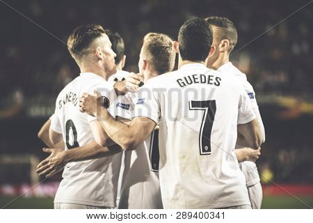 VALENCIA, SPAIN - MARCH 7: Valencia players celebrate a goal during UEFA Europa League match between Valencia CF and FC Krasnodar at Mestalla Stadium on March 7, 2019 in Valencia, Spain