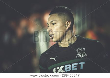 VALENCIA, SPAIN - MARCH 7: Cristian Ramirez during UEFA Europa League match between Valencia CF and FC Krasnodar at Mestalla Stadium on March 7, 2019 in Valencia, Spain
