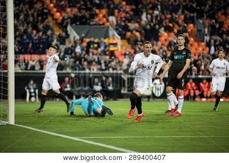 VALENCIA, SPAIN - MARCH 7: (C) Rodrigo scores a goal during UEFA Europa League match between Valencia CF and FC Krasnodar at Mestalla Stadium on March 7, 2019 in Valencia, Spain