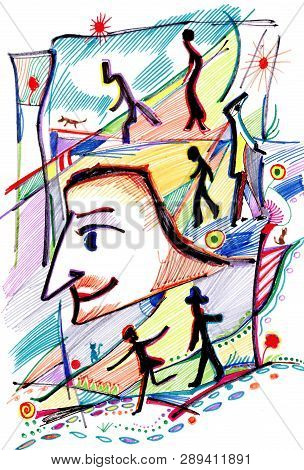 Scriptwriter And Heroes Of His Plays Painted By Felt-tip Pen