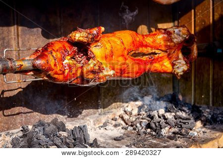 Pig Is Being Grilled Slowly On Spit In Traditional Way, Cooked With Charcoal, Fatty Roasted Meat