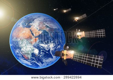 Group Of Satellites In A Row In The Geostationary Orbit Of The Earth, For Communication And Monitori