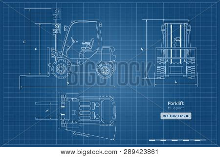 Outline Blueprint Of Forklift. Top, Side And Front View. Hydraulic Machinery Image. Industrial Docum