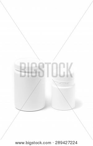 Two Medicine Pill White Bottles Isolated On White Background Stand Nearby. Drugs, Illustrations.