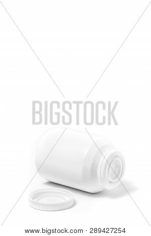 Medicine White Pill Bottle Isolated On White Background Lies On The Side. Drugs, Illustrations.