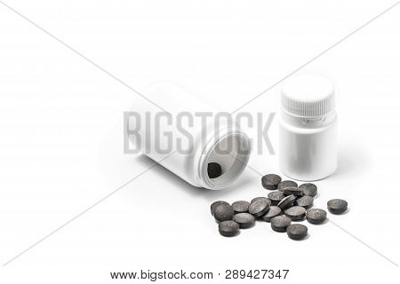 Two Medicine White Pill Bottle Isolated On White Background With Dark Pills. Drugs, Illustrations.