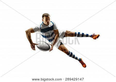 The Silhouette Of One Caucasian Rugby Male Player Isolated On White Background. Studio Shot Of Fit M