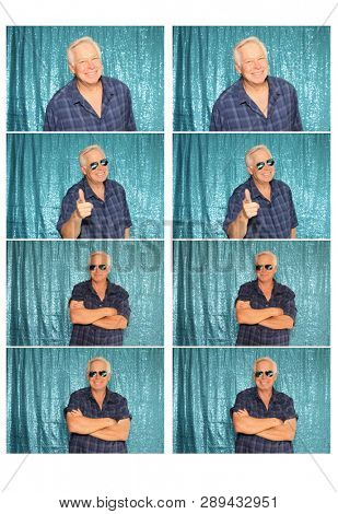 Man in a Photo Booth. A Man smiles and poses for photos to be taken in a photo booth. Photo Booth photo strips with a blue background.