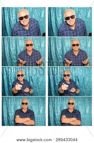Man in a Photo Booth. A Man smiles and poses for photos to be taken in a photo booth. Photo Booth photo strips with a blue background.