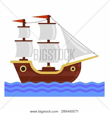 Cartoon Ship With White Sails. Flat Style