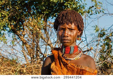 Turmi, Omo Valley, Ethiopia - December 08, 2013: Portrait Of Unidentified Hamer Tribe Woman.