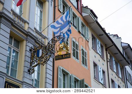 Lucerne, Switzerland. 16 April 2017. Beautiful Facade Of Krone Hotel In Lucerne Old Town.