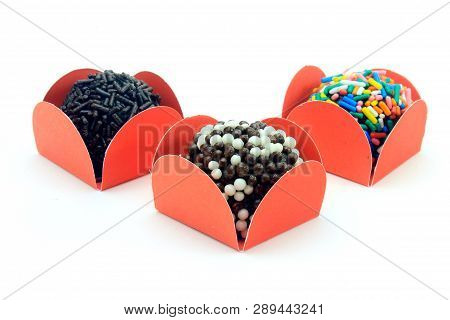 Brigadeiro (brigadier), Chocolate Sweet Typical Of Brazilian Cuisine Covered With Particles, In A Wh