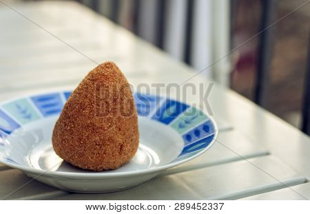Sicilian Snack, Fried Ball Of Rice Arancino On A Plate, Tipical Street Food Of Sicily