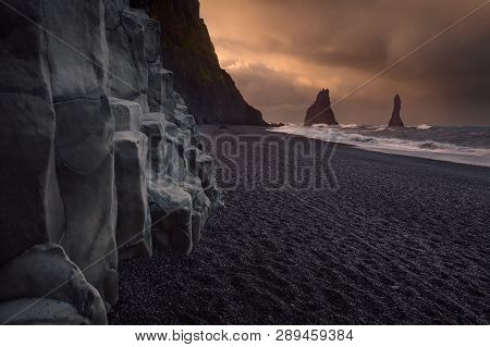 Iceland Landscape Photo Of Mystical Black Volcanic Beach At Cloudy Sunrise With Powerful Waves And B
