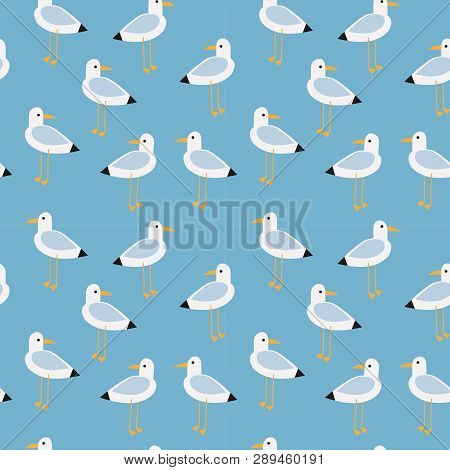 Cute Seagulls Seamless Pattern On Light Blue Background.