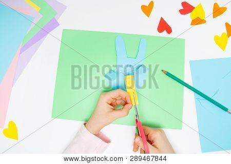 How To Make Paper Bunny For Easter Greetings And Fun. Children Art Project. Diy Concept. Kids Hands 