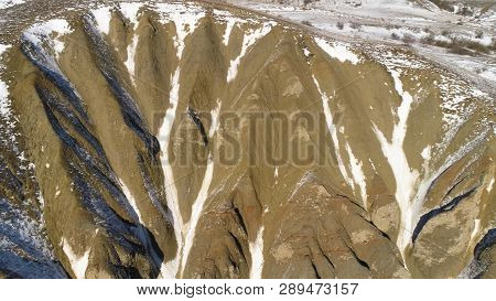 Aerial View On Snow Mountains. Epic Alps Panorama. Drone Shot Of Apline Mountains, Drone Looks At Ro