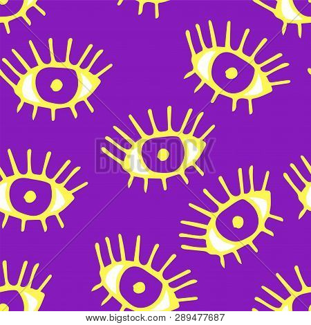 Modern Seamless Pattern With Trendy Hand Drawn Eyeballs With Eyelashes. Fabric Pattern On 
Violet Ba