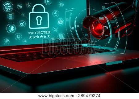 Surveillance Camera Is Focusing On A Computer For Possible Leak Of Sensitive Data In Office Or Corpo
