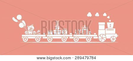 Funny Vector Illustration With Train Carries Toys: Baby Toy Musical Maracas, Designer, Bear, Gifts, 