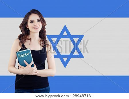 Hebrew Language Concept With Happy Woman Student And The Israel Flag