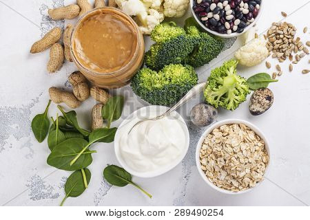 Various Meatless Protein Foods. Vegan Protein Sources. Healthy Vegan Food Background. Copy Space
