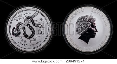 Front And Back Of An Australian Silver Coin. 1 Dollar Lunar 2 Year Of The Snake 1oz 999 Silver