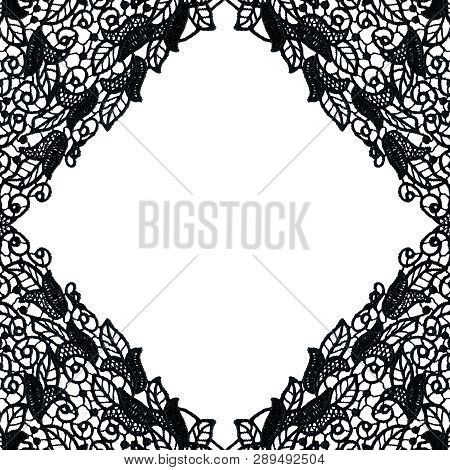 Elegant Background From Black Guipure On A White Basis. Lace Frame. Square Shape. Floral Ornament. V