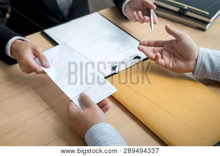 Businessman Sending A Resignation Letter To Employer Boss In Order To Resign Dismiss Contract, Chang
