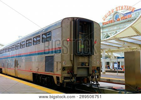 February 25, 2019 In Denver, Co:  Amtrak Passenger Rail Car Taken At Union Station In Denver, Co Whe