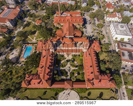 Aerial view of Ponce de Leon Hall of Flagler College in St. Augustine, Florida, USA. The Ponce de Leon Hall with Spanish Colonial Revival style is a US National Historic Landmark.