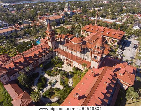 Aerial view of Ponce de Leon Hall of Flagler College in St. Augustine, Florida, USA. The Ponce de Leon Hall with Spanish Colonial Revival style is a US National Historic Landmark.
