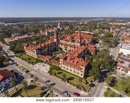 Aerial view of Ponce de Leon Hall of Flagler College in St. Augustine, Florida, USA. The Ponce de Leon Hall with Spanish Colonial Revival style is a US National Historic Landmark.