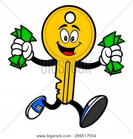 Key Mascot Running With Money - A Vector Cartoon Illustration Of A Car Key Mascot.