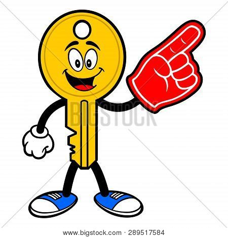 Key Mascot With A Foam Hand - A Vector Cartoon Illustration Of A Car Key Mascot With A Foam Hand.