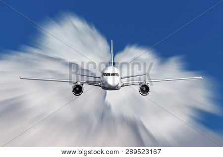 Civil Airplane Mith Motion Blur Effect, Travel At Sunny Bright Day