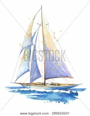Sailing Boat, Hand Painted Watercolor Illustration Isolated On White