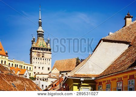 Clock Tower In The Medieval  City Of Sighisoara, Romania