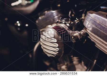 Motorcycle Engine, Metallic Background With Exhaust Pipes.