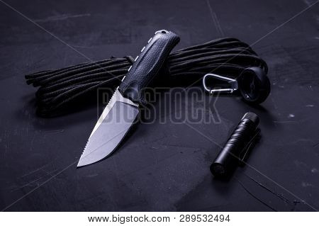 American hunting knife. Knife and attributes of the hunter. Front view.