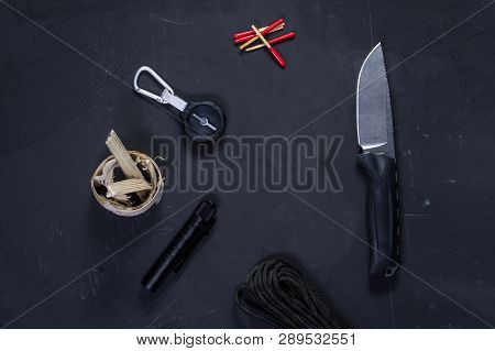 Set for survival in the forest. Survival in the wilderness. Top view.