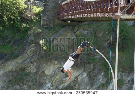 Queentsown New Zealand - October 21 2018; In Motion Having Leapt Off Aj Hacketts Karawau River Bungy