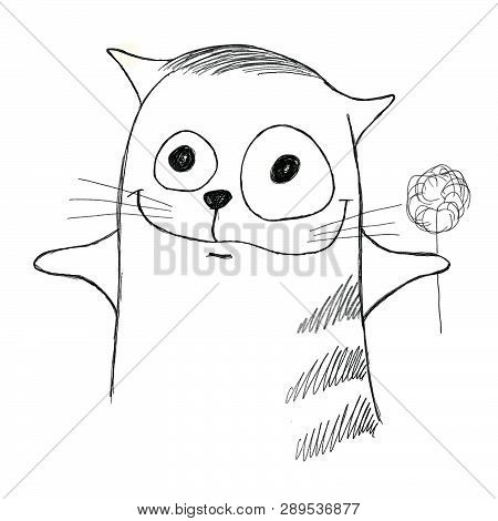 Black And White Sketch Of A Cat With A Flower On A White Background