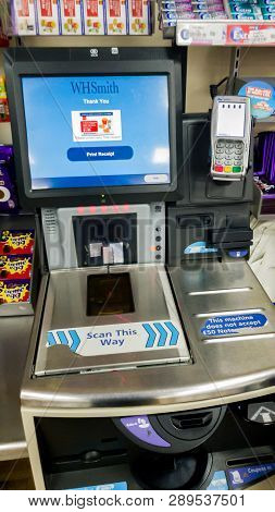 Sheffield, Uk - 9th March 2019: Self Checkout Machine In Whsmith - Meadowhall