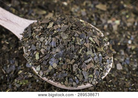 Ayahuasca Guayusa Dry Tea Leaves In Wooden Spoon. Macro Shot. Shallow Depth Of Field.
