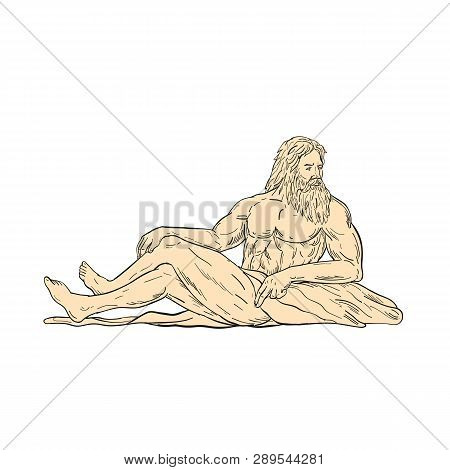 Drawing Sketch Style Illustration Of Hercules, A Roman Hero And God, Reclining, Sitting Or Resting L